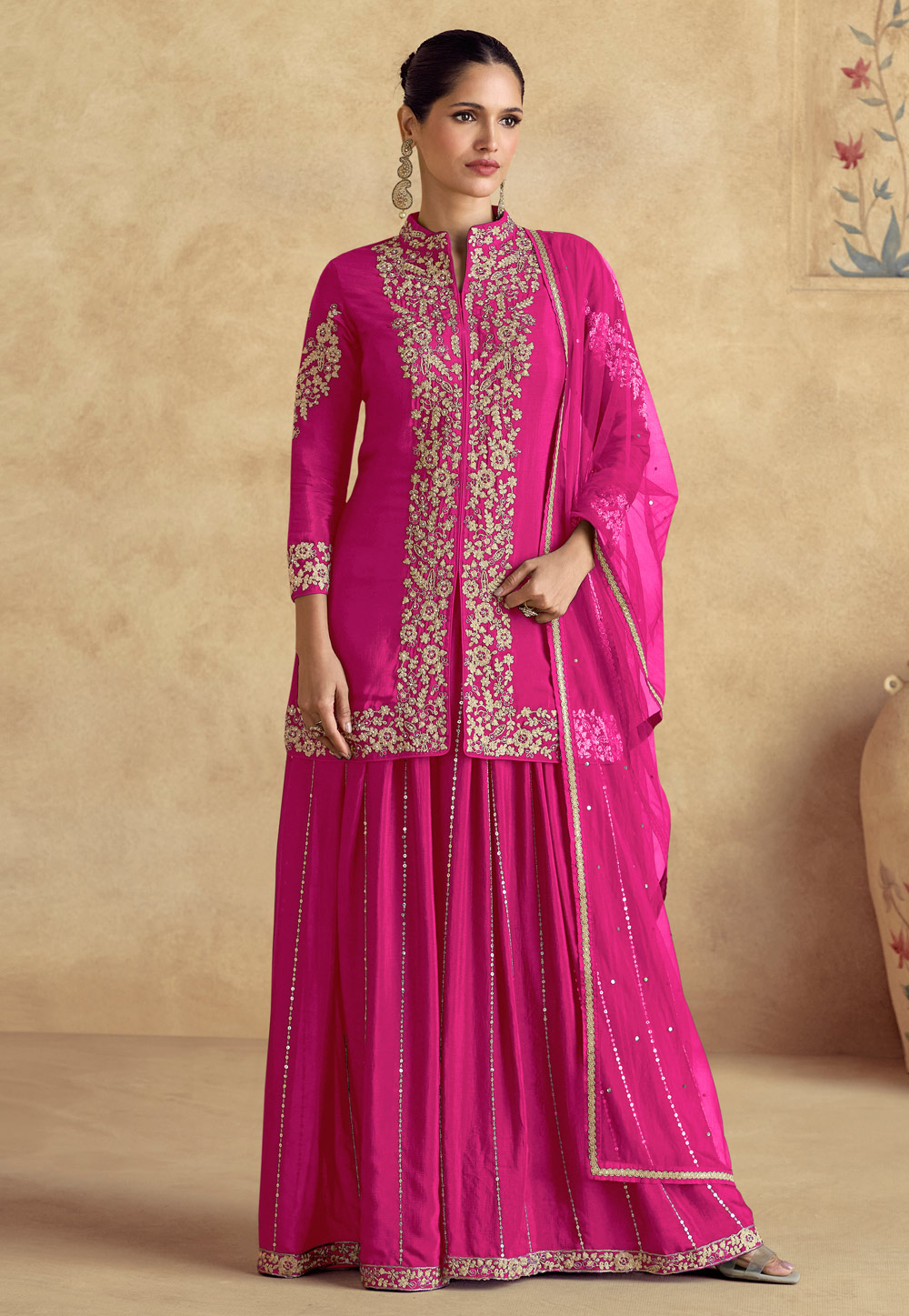 Magenta Chinon Silk Pakistani Suit 305094