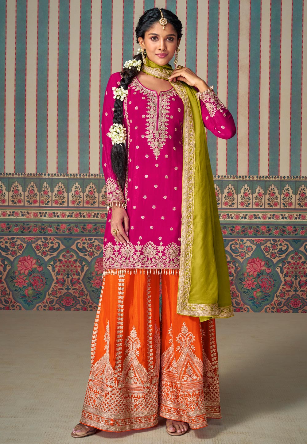 Magenta Chinon Silk Pakistani Suit 305064