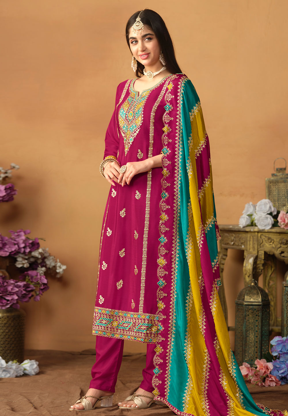 Magenta Chinon Silk Pakistani Suit 286159