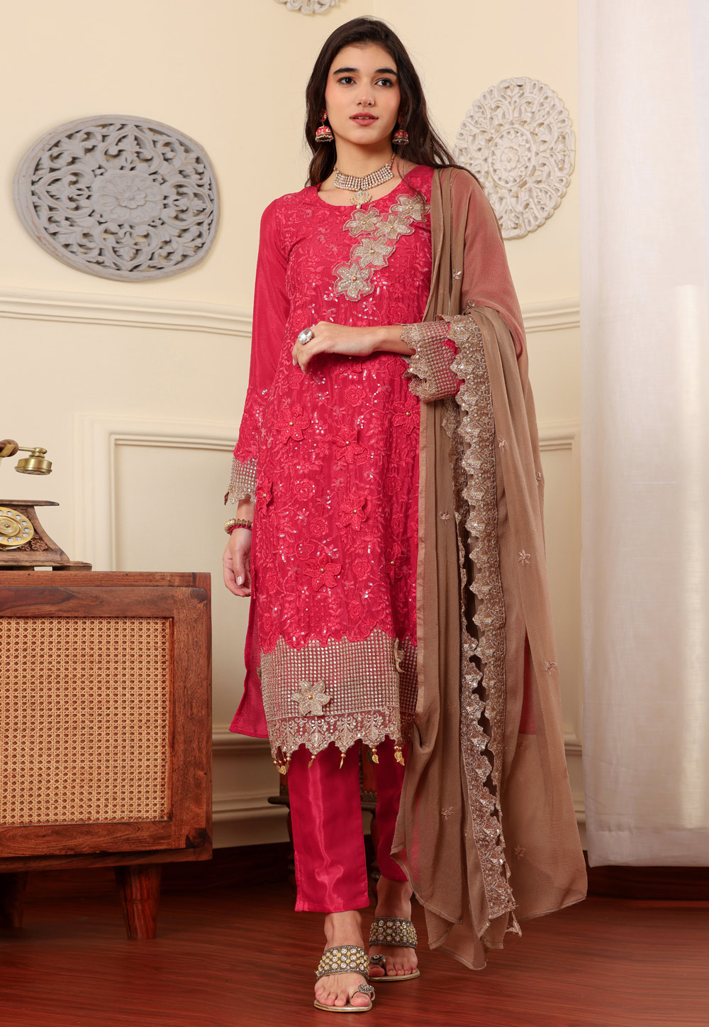 Magenta Chinon Silk Pakistani Suit 284391