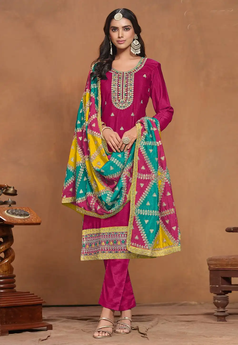 Magenta Chinon Silk Pakistani Suit 294067