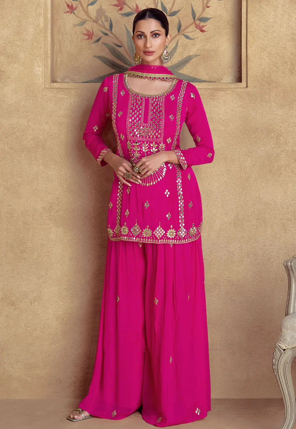 Magenta Chinon Silk Palazzo Suit 298530