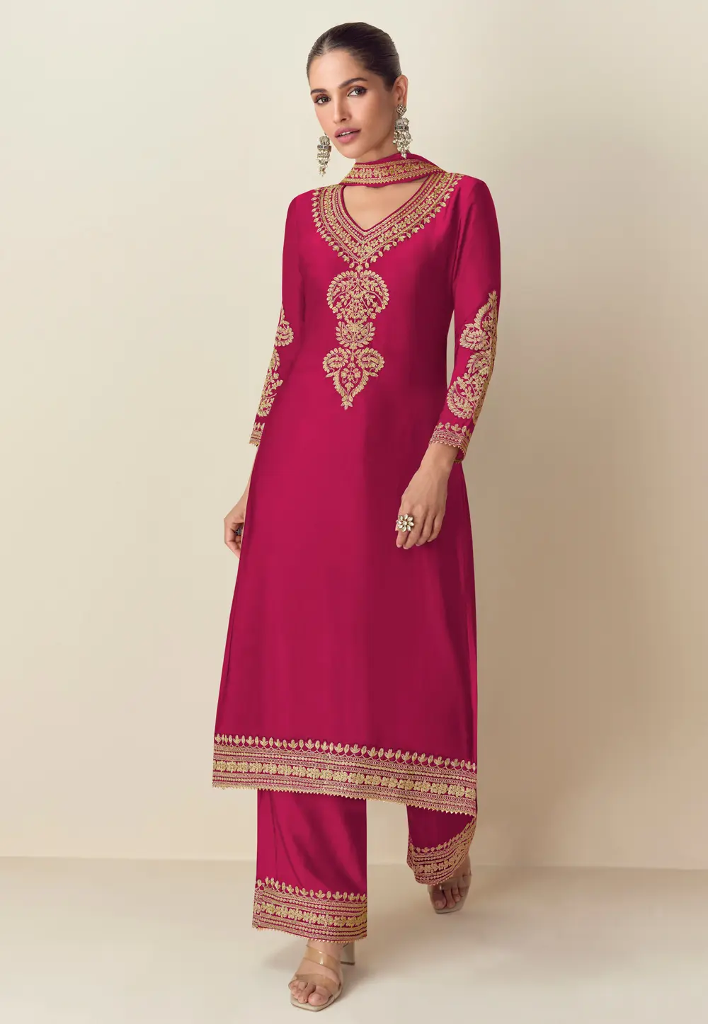 Magenta Chinon Silk Palazzo Suit 301577