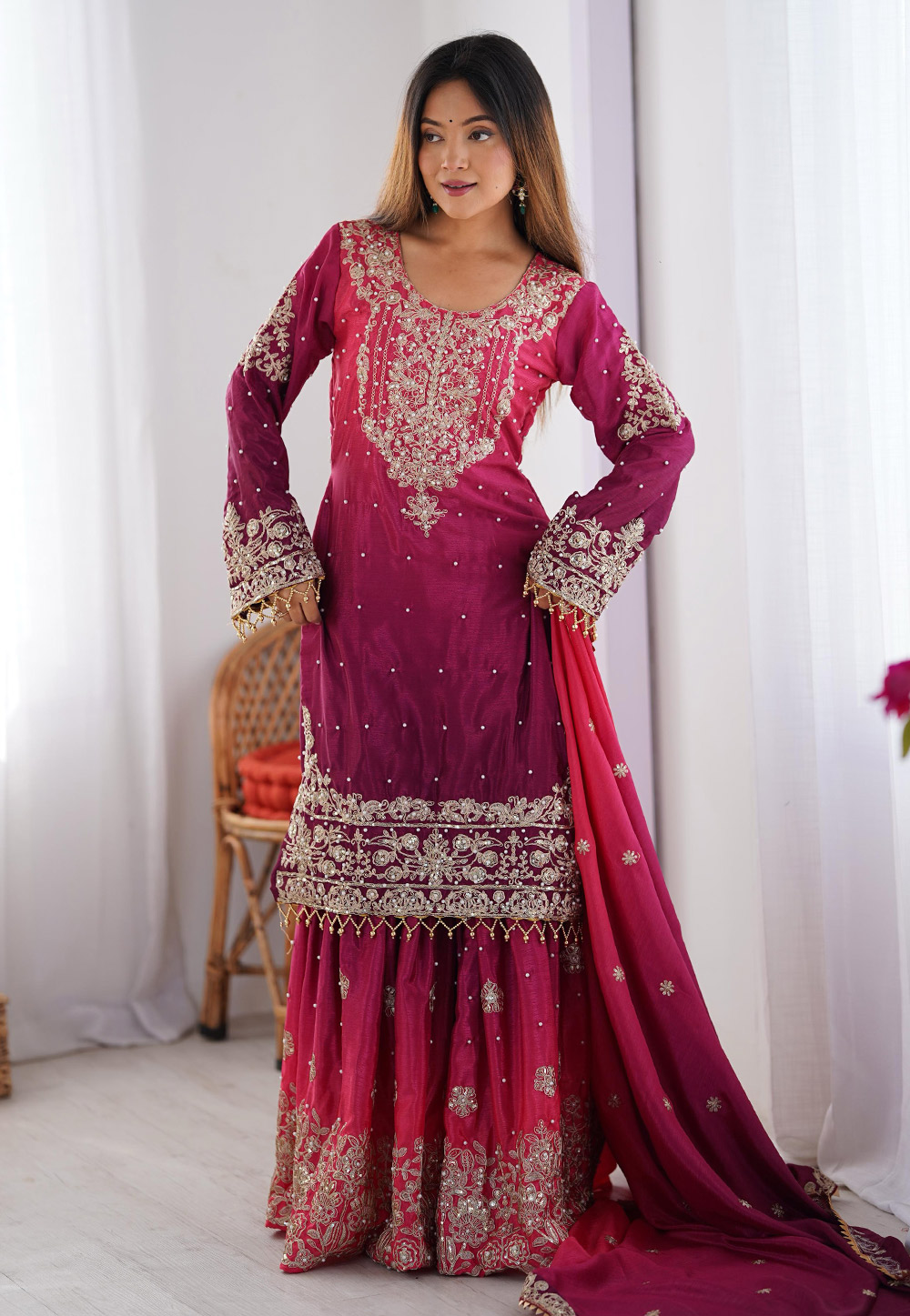 Magenta Chinon Silk Readymade Gharara Suit 310724