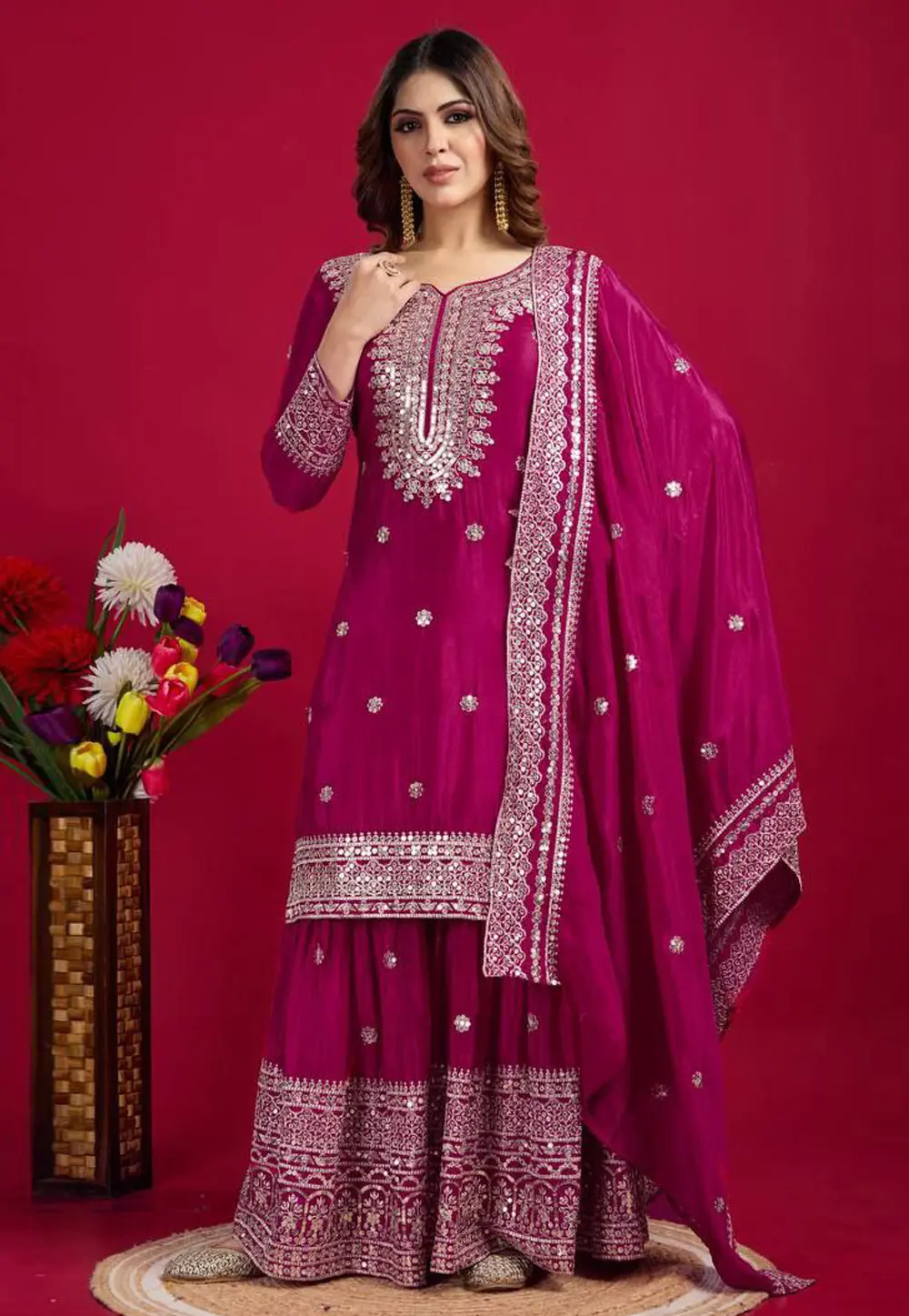 Magenta Chinon Silk Readymade Palazzo Suit 304643