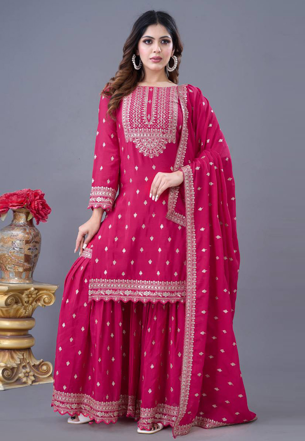 Magenta Chinon Silk Readymade Sharara Suit 306209