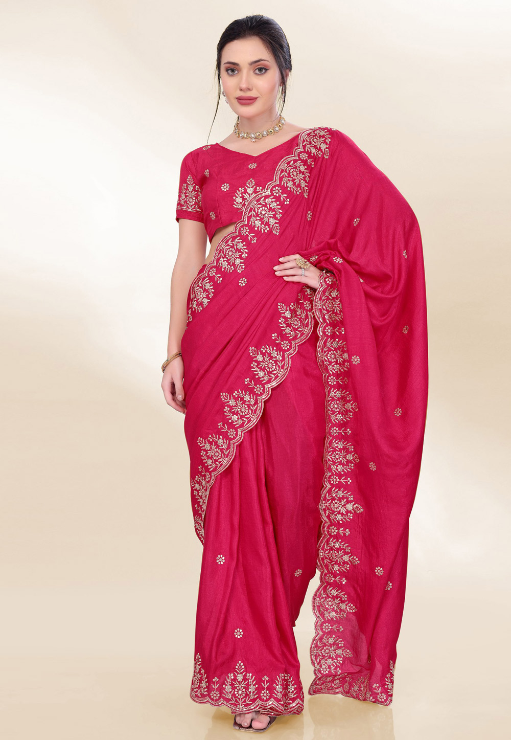 Magenta Chinon Silk Saree With Blouse 305693