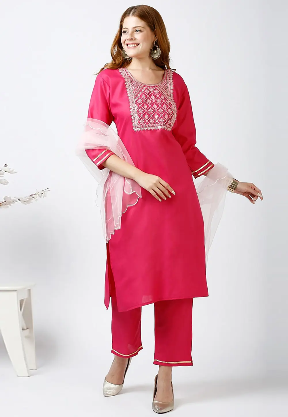 Magenta Cotton Readymade Pant Style Suit 301175