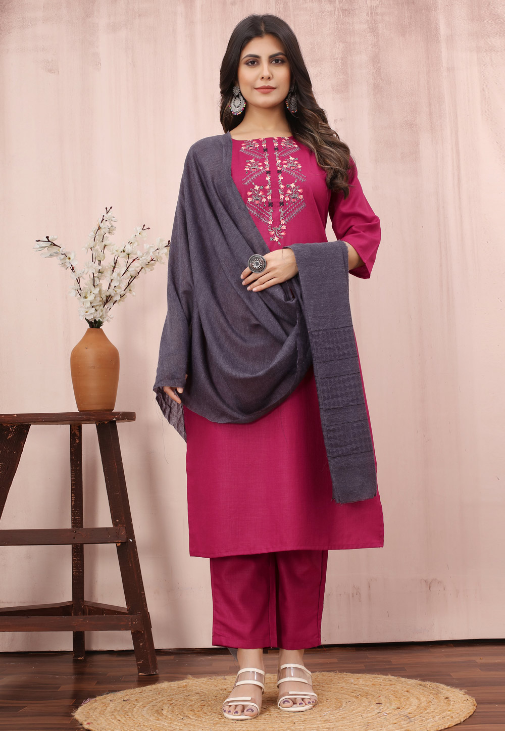 Magenta Cotton Readymade Pant Style Suit 283187