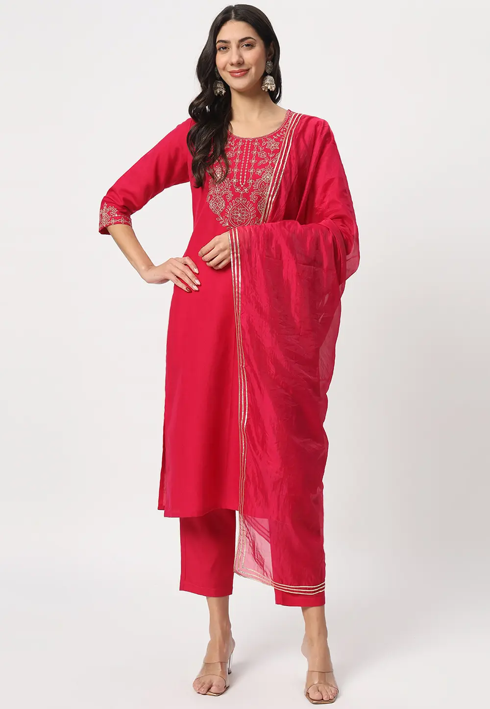 Magenta Cotton Readymade Pant Style Suit 299722