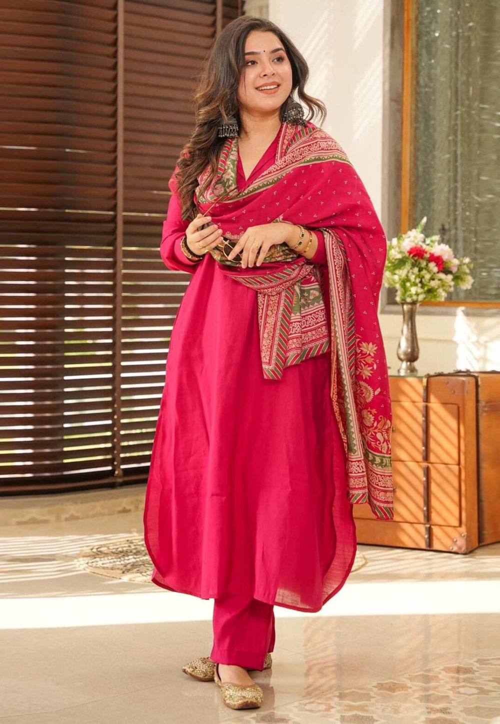 Magenta Cotton Readymade Pant Style Suit 310460