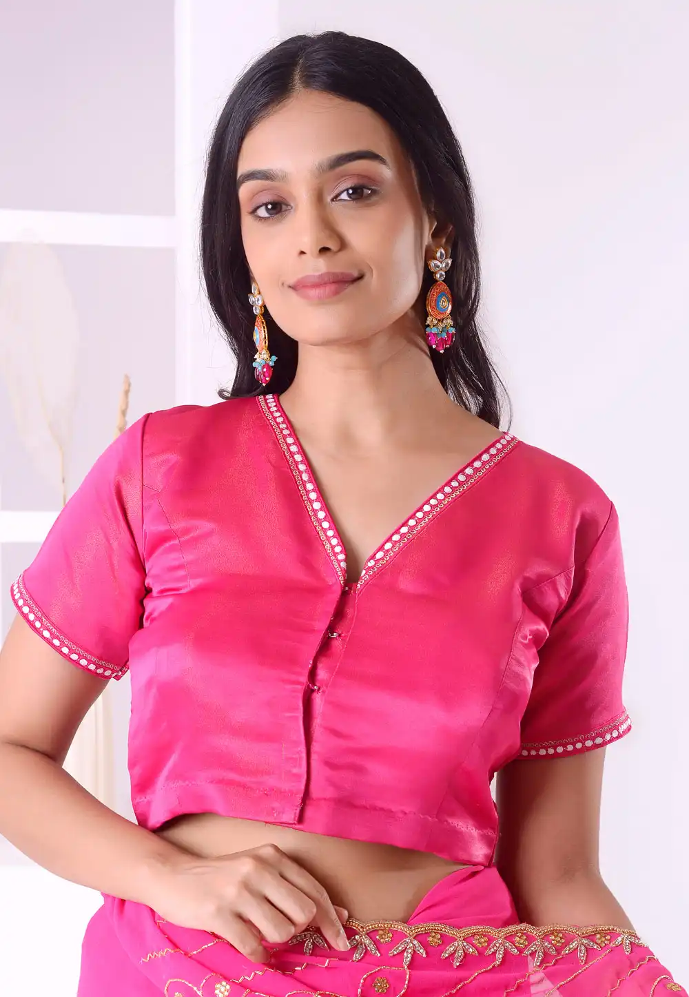 Magenta Cotton Satin Readymade Blouse 292541