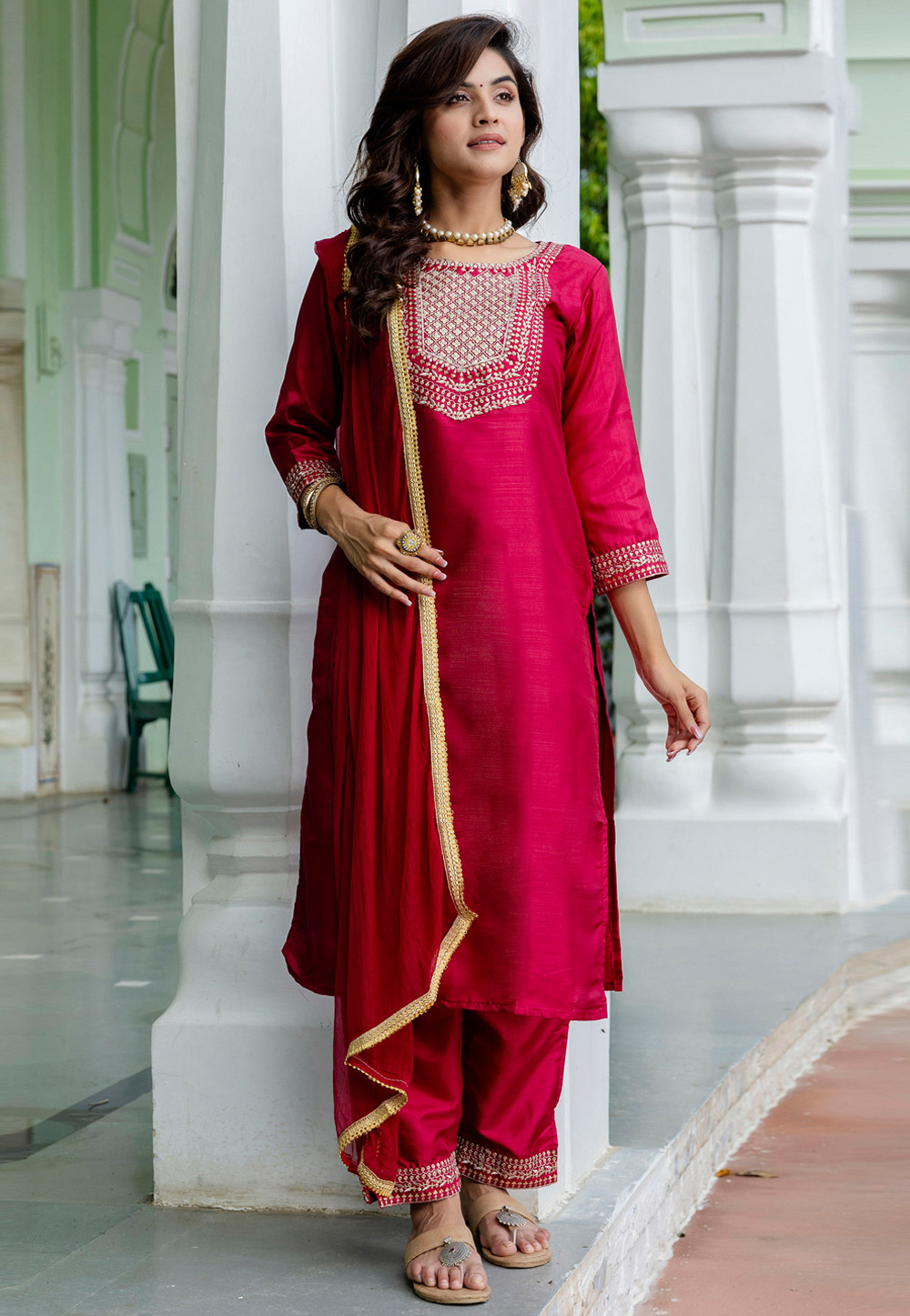 Magenta Cotton Silk Readymade Pant Style Suit 310464