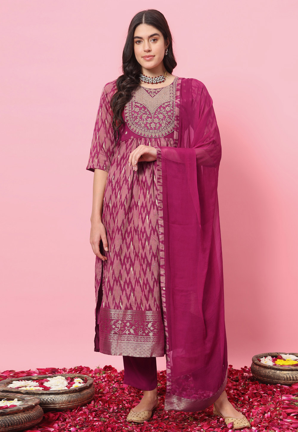 Magenta Cotton Silk Readymade Pant Style Suit 310040