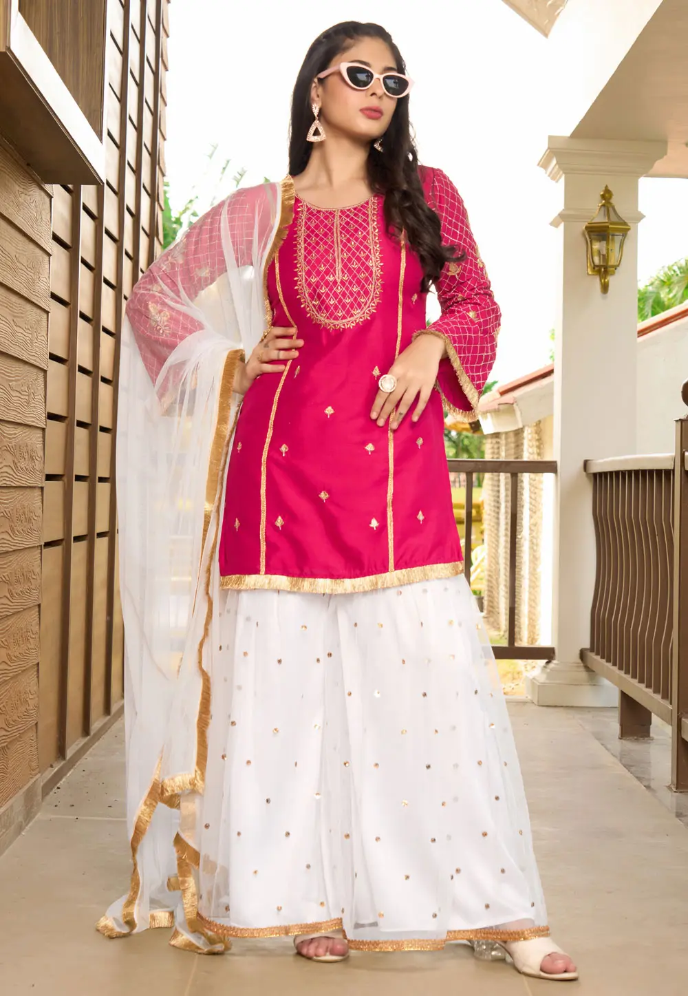 Magenta Cotton Silk Readymade Sharara Suit 300612