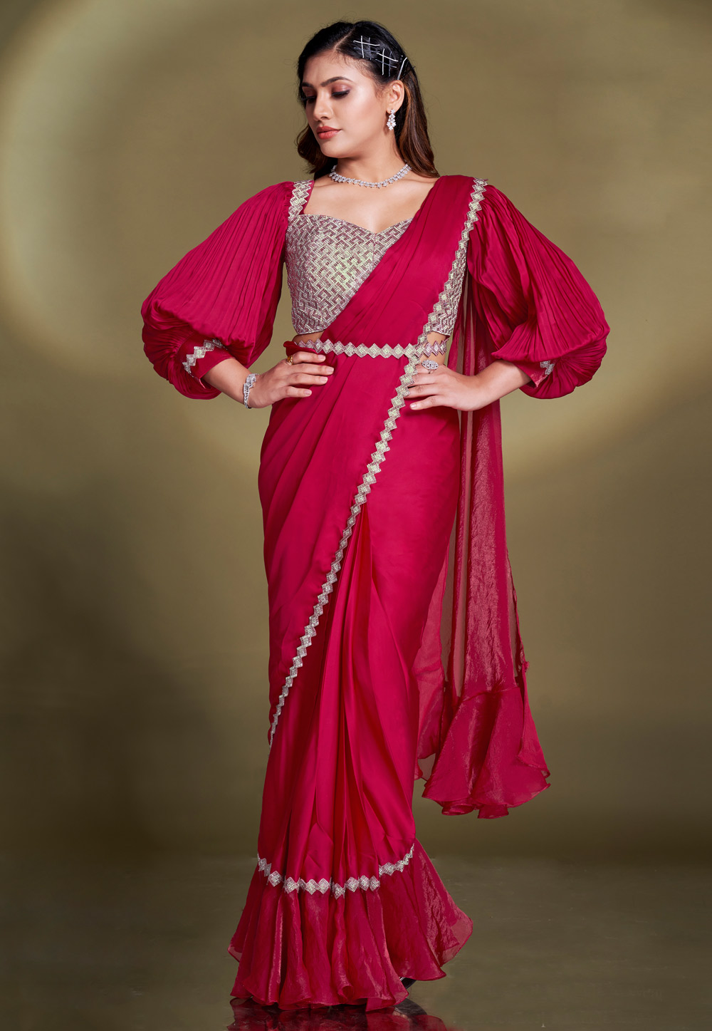 Magenta Crepe Saree With Blouse 309642