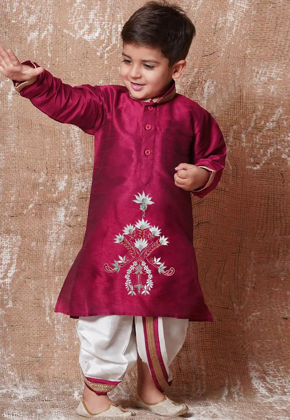 Magenta Dupion Silk Kids Dhoti Kurta 289249