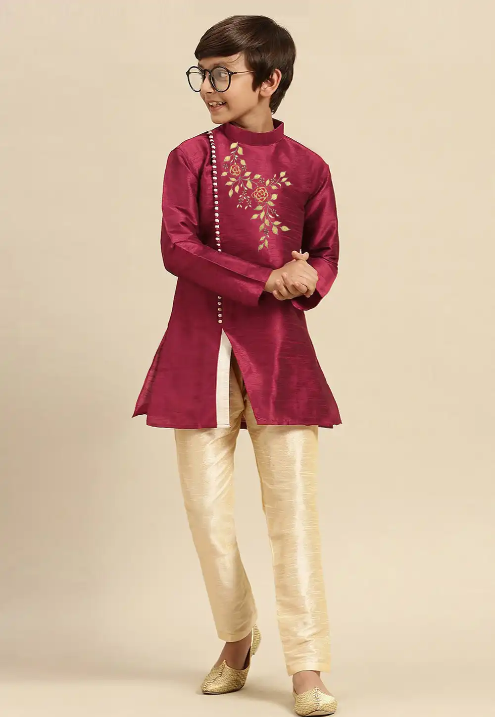 Magenta Dupion Silk Kids Kurta Pajama 289219