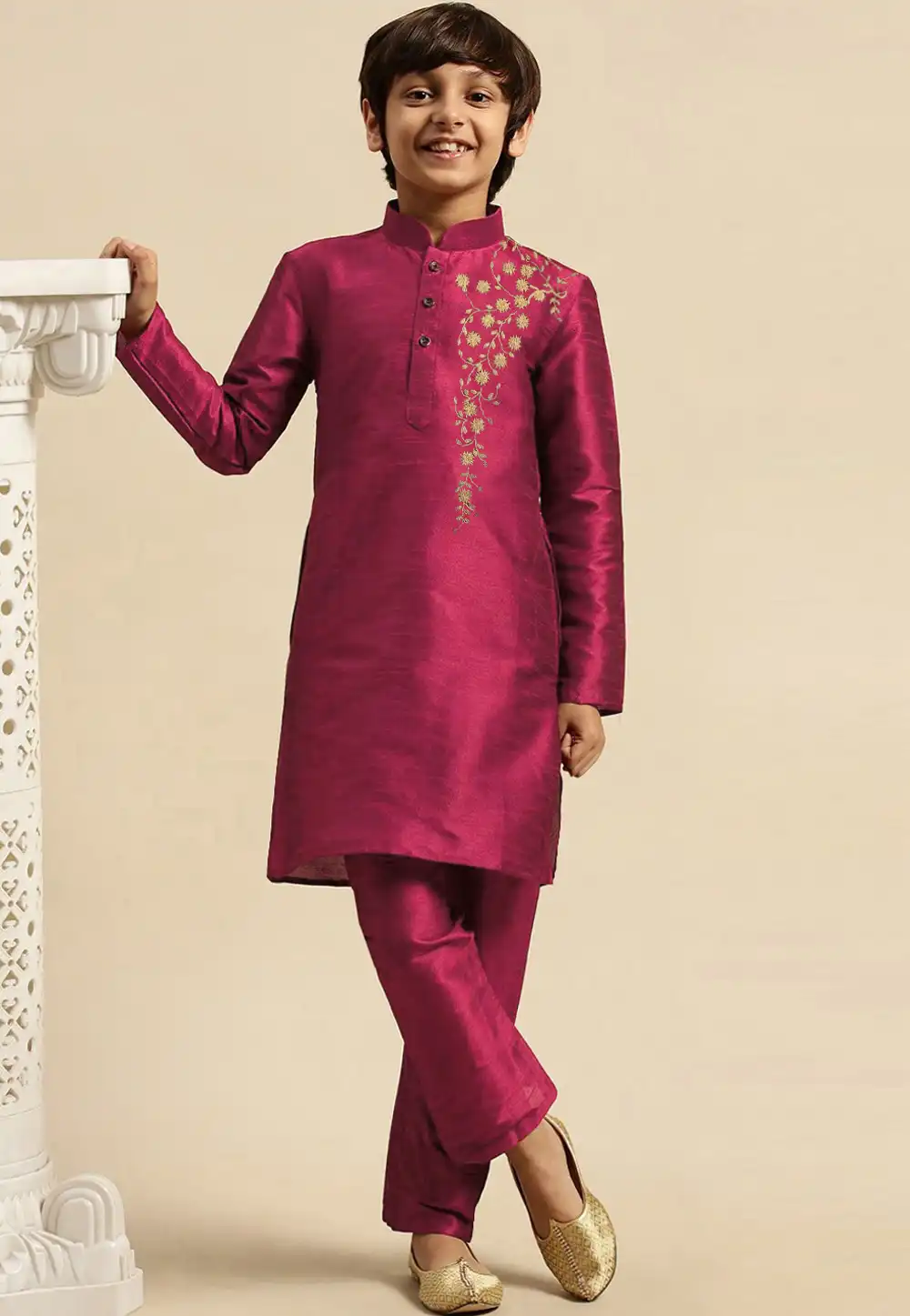 Magenta Dupion Silk Kids Kurta Pajama 289230