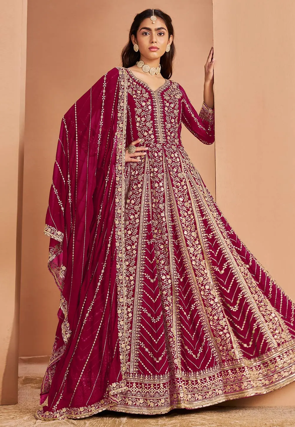 Magenta Faux Georgette Embroidered Anarkali Suit 303244