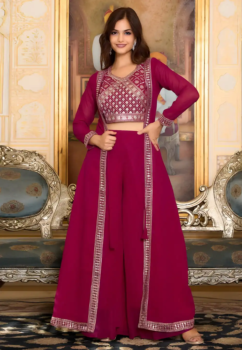 Magenta Faux Georgette Jacket Style Suit 294296