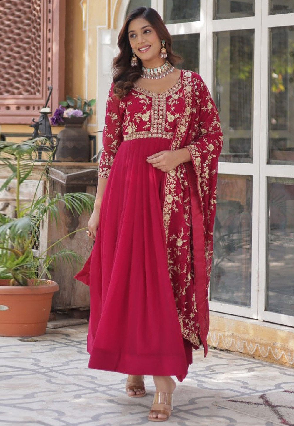 Magenta Faux Georgette Readymade Anarkali Suit 309213