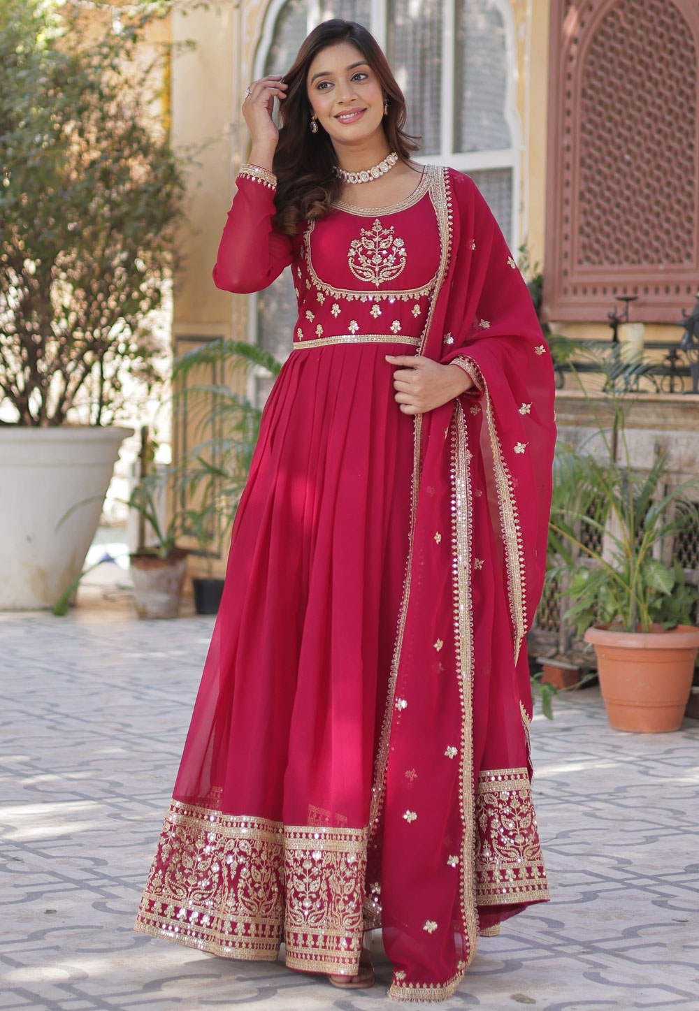 Magenta Faux Georgette Readymade Anarkali Suit 305883