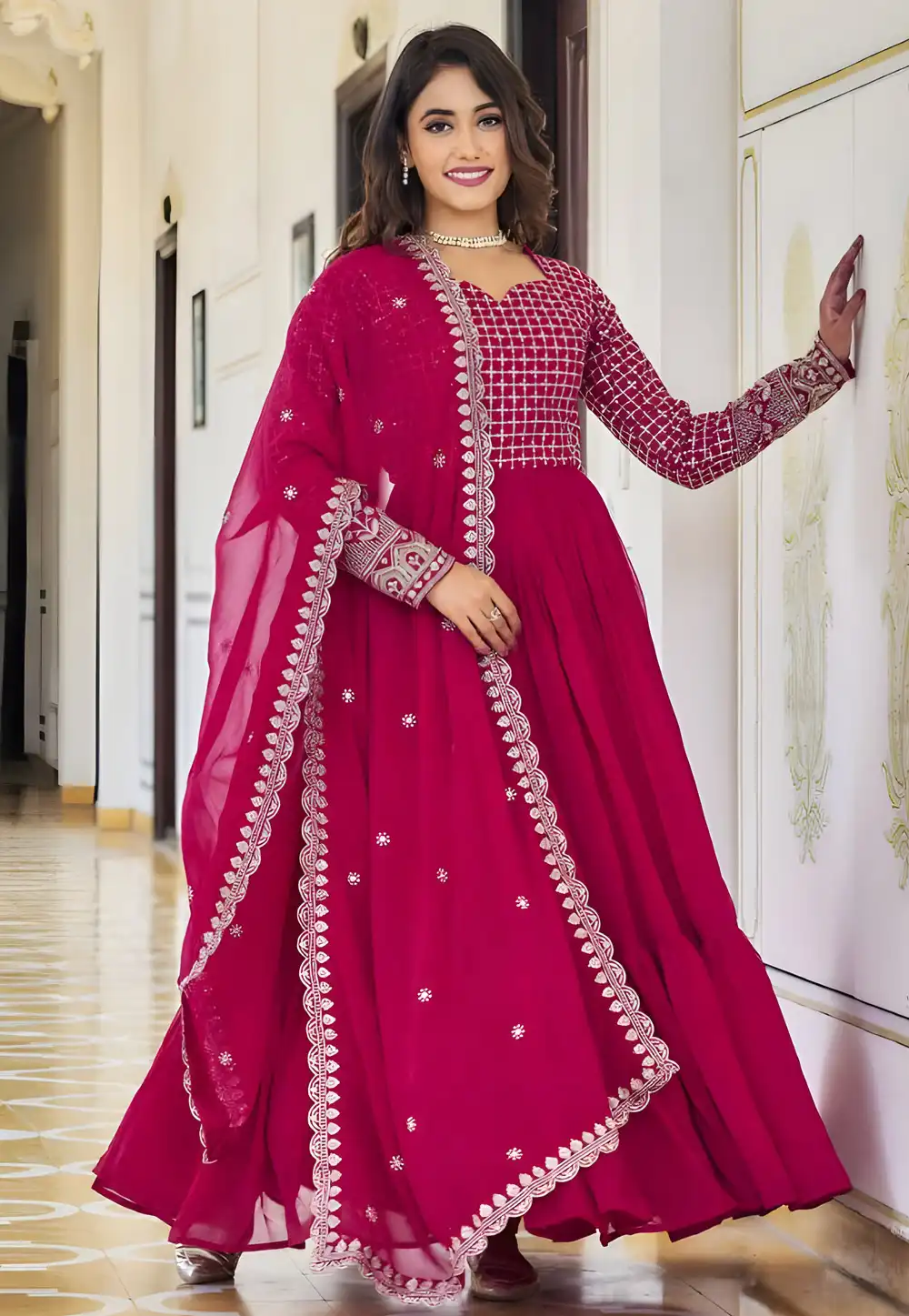 Magenta Faux Georgette Readymade Anarkali Suit 294113