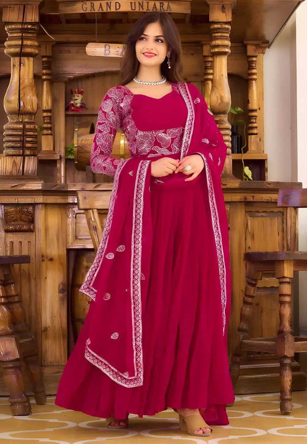 Magenta Faux Georgette Readymade Anarkali Suit 294700