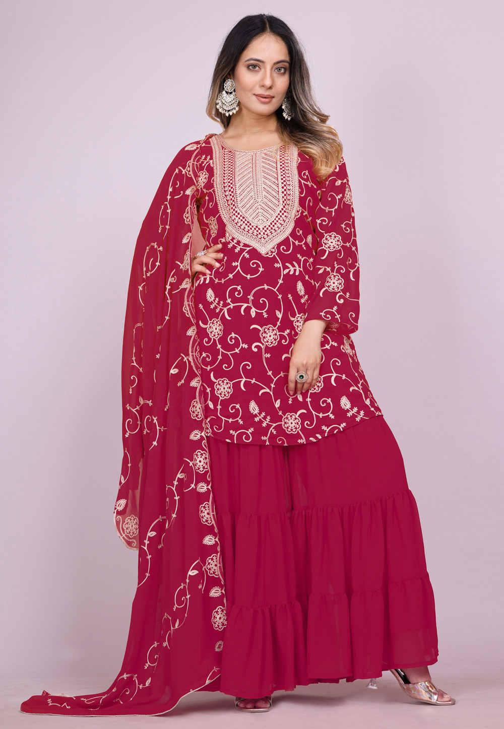 Magenta Faux Georgette Readymade Gharara Suit 310899