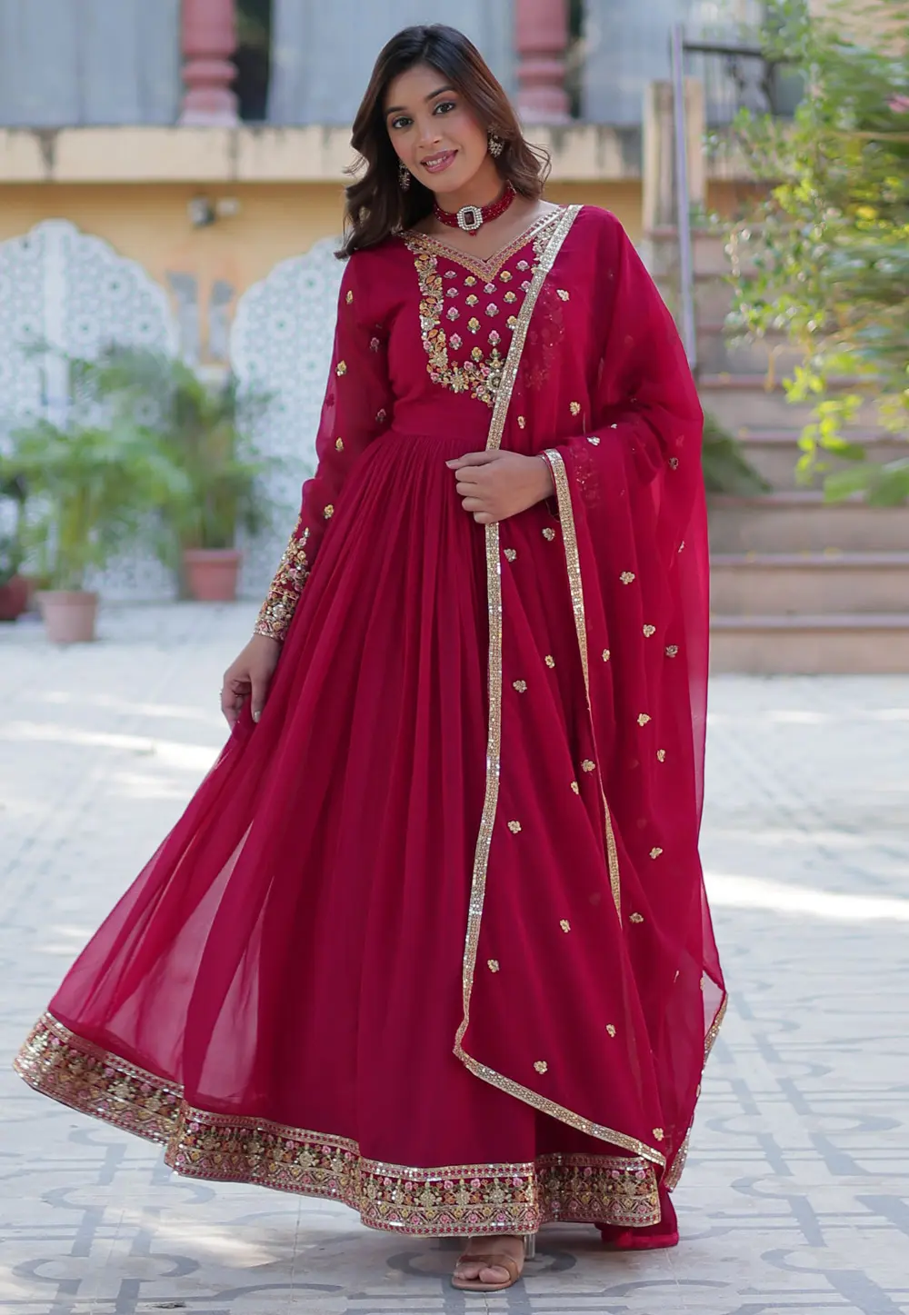 Magenta Faux Georgette Readymade Long Anarkali Suit 304461