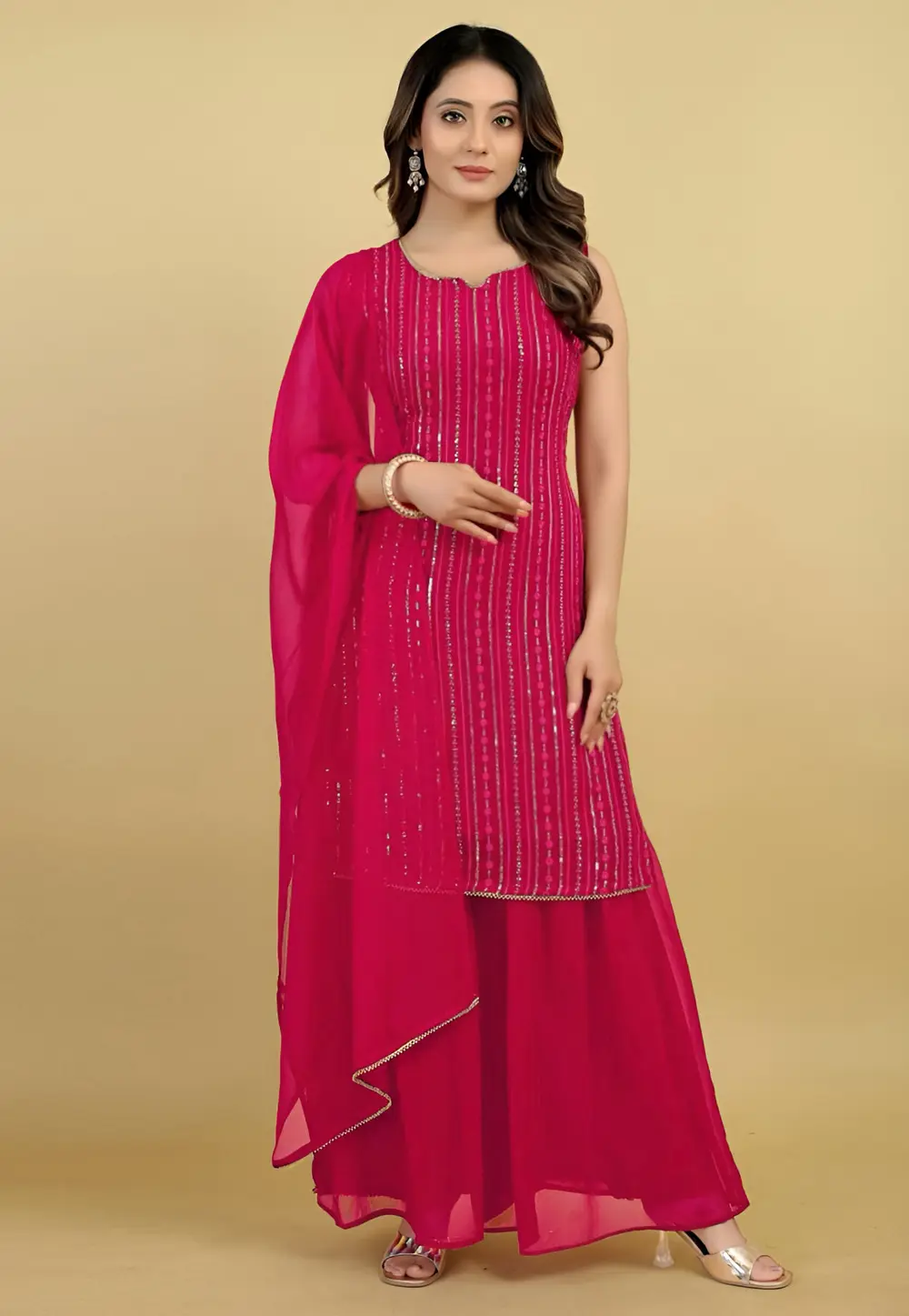 Magenta Faux Georgette Readymade Pakistani Suit 301190