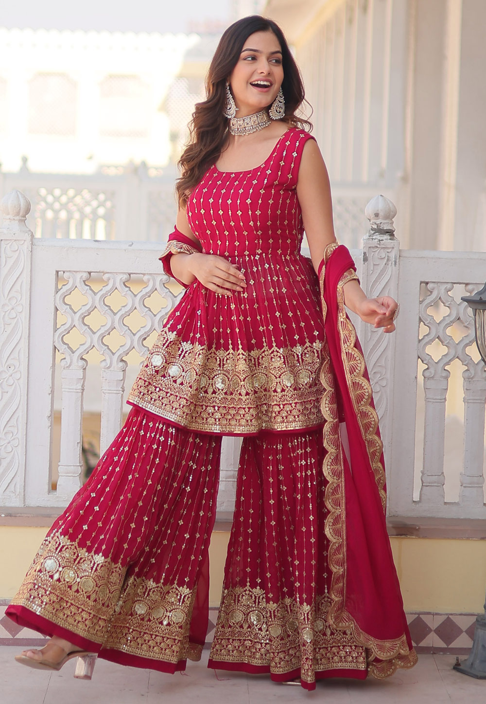 Magenta Faux Georgette Readymade Sharara Suit 282072