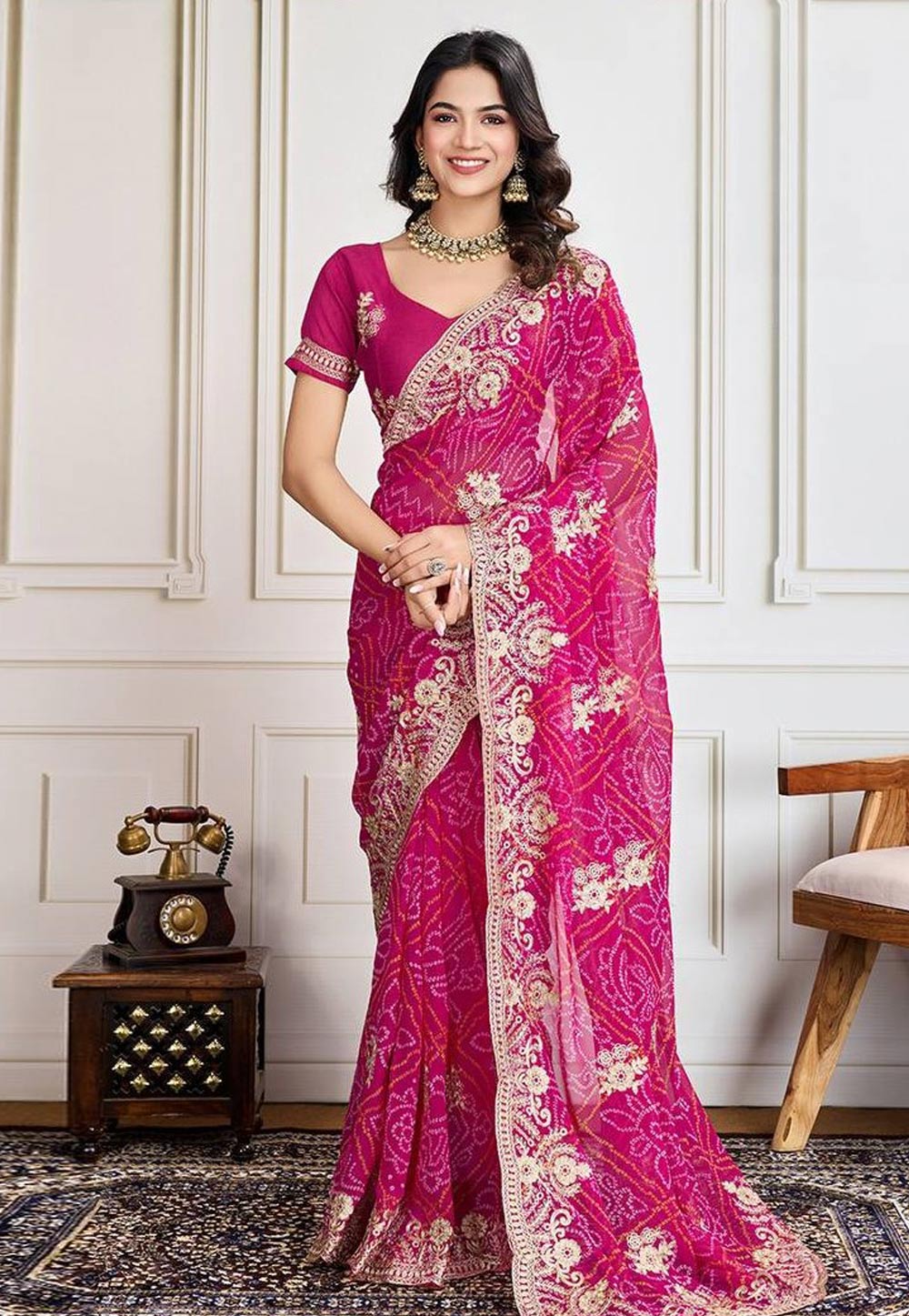 Magenta Georgette Bandhani Print Saree 306165