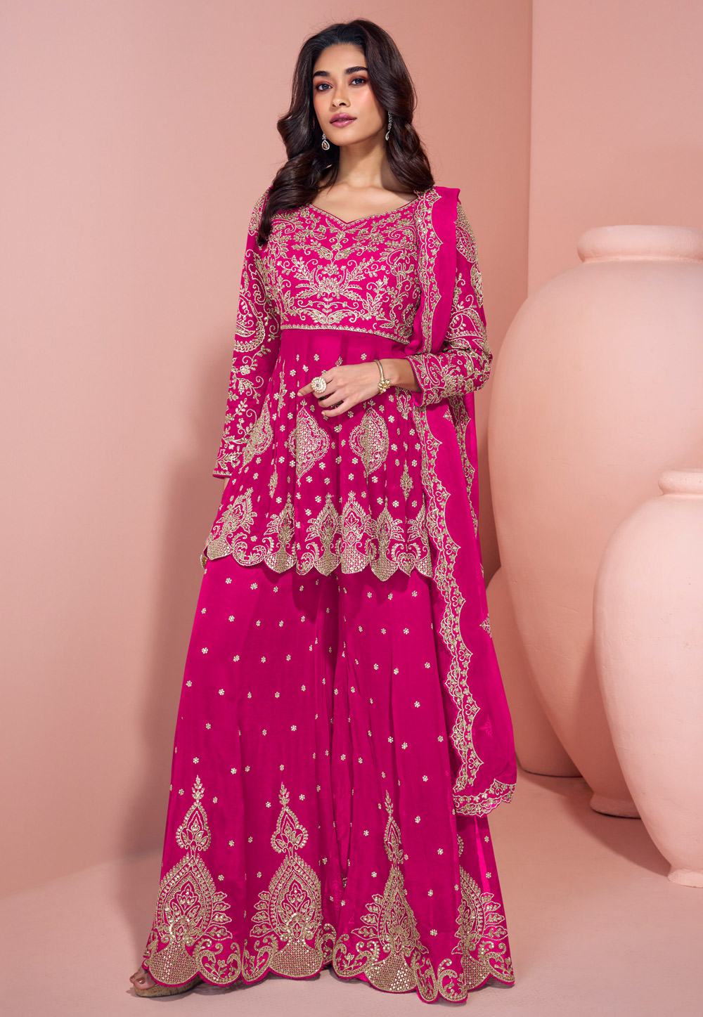 Magenta Georgette Embroidered Palazzo Suit 305500