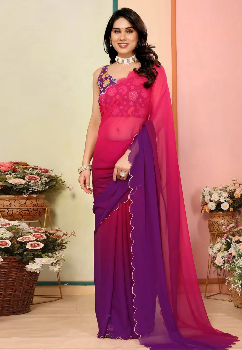 Magenta Georgette Half N Half Saree 297222