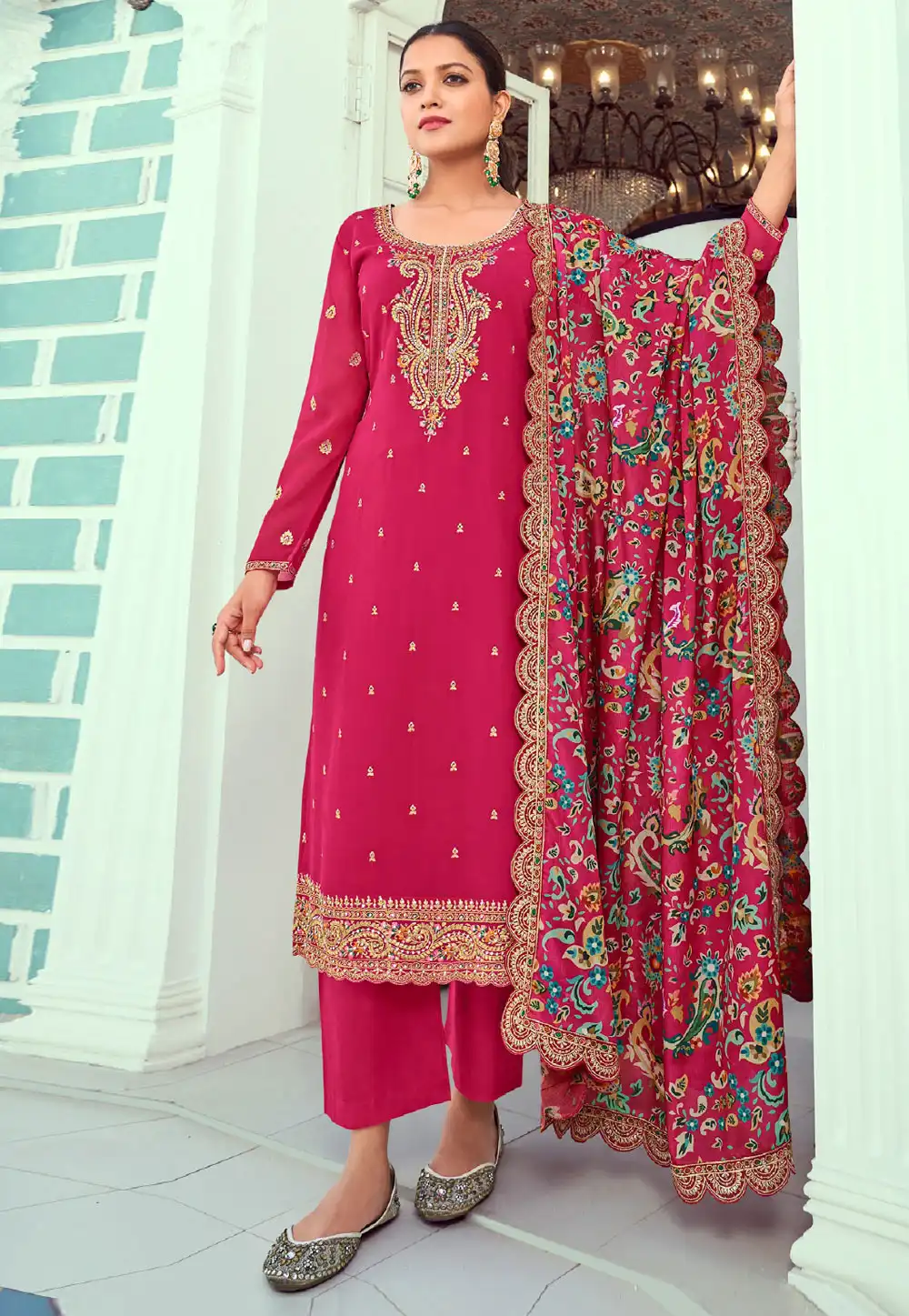 Magenta Georgette Palazzo Suit 291657