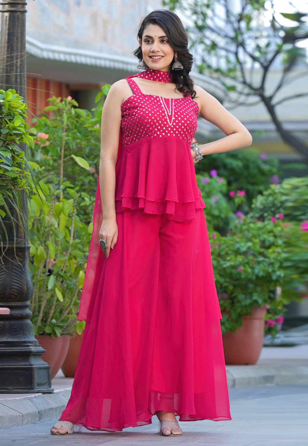 Magenta Georgette Palazzo With Crop Top 305408