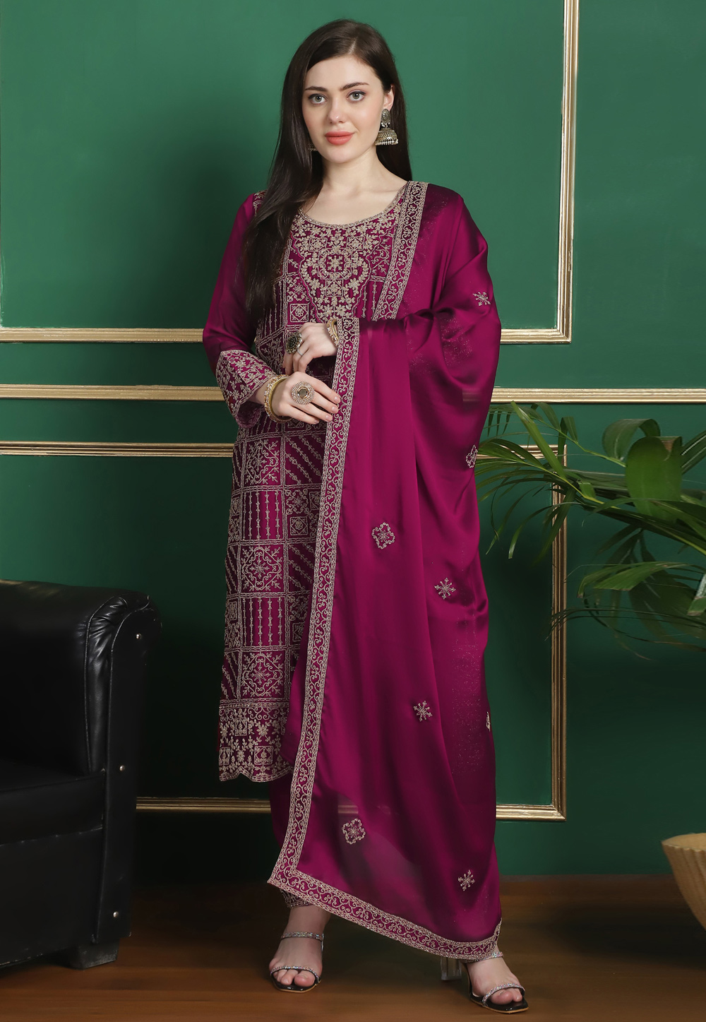 Magenta Georgette Pant Style Suit 309894