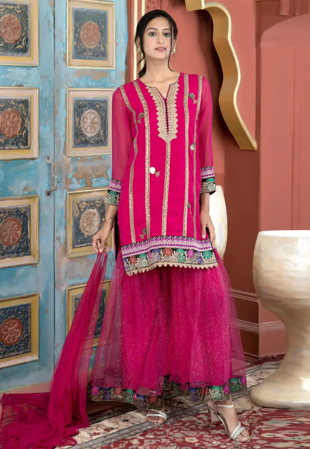 Magenta Georgette Readymade Gharara Suit 293104