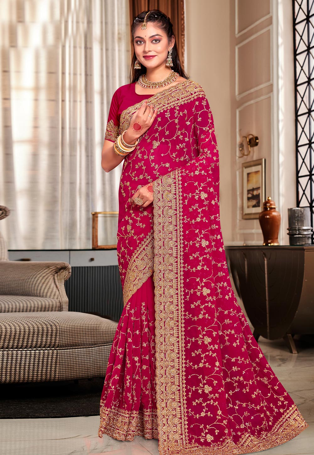 Magenta Georgette Saree With Blouse 283595