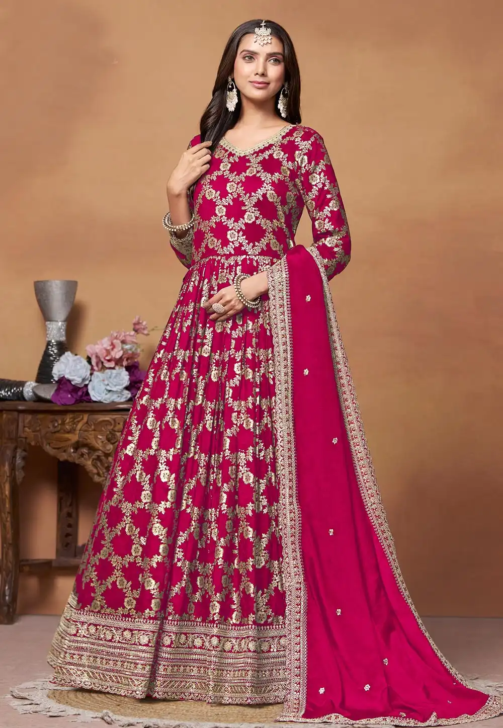 Magenta Jacquard Floor Length Anarkali Suit 288029