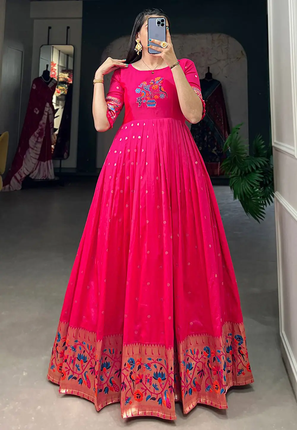 Magenta Jacquard Silk Gown 302552