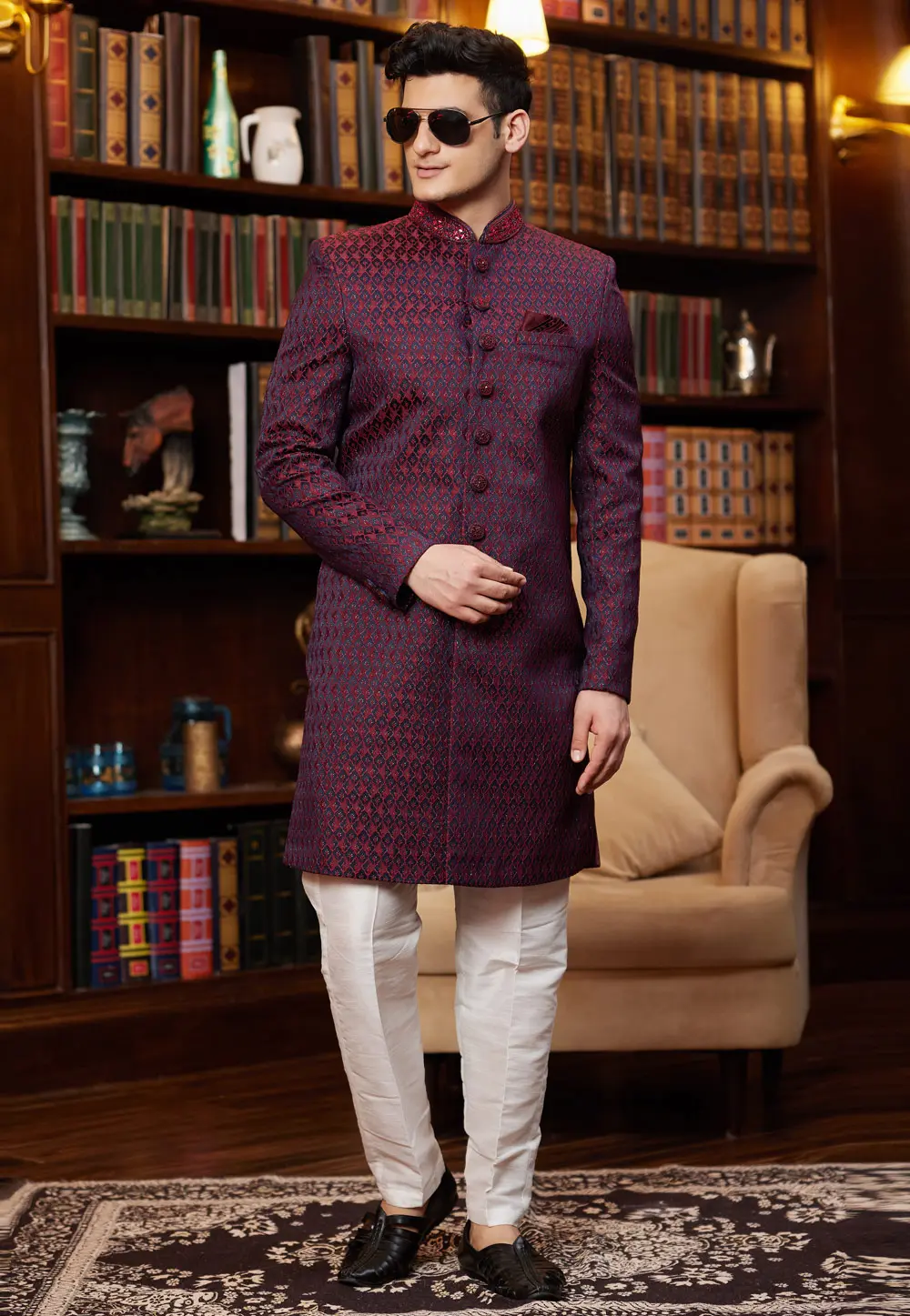 Magenta Jacquard Silk Indo Western Sherwani 302231