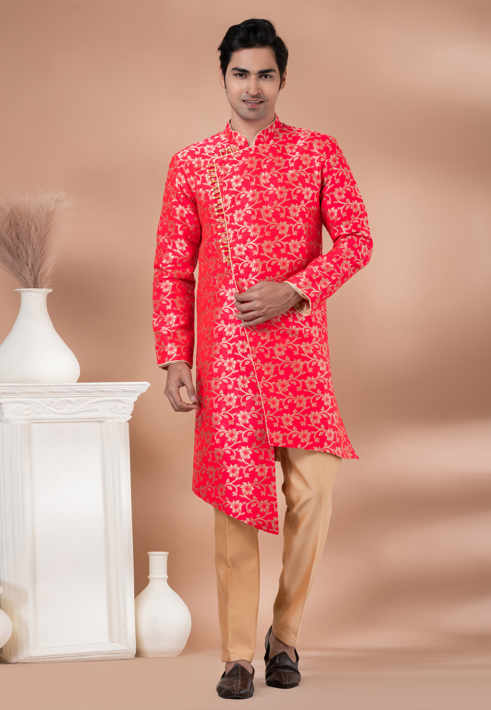 Red Jacquard Silk Indo Western Suit 283139