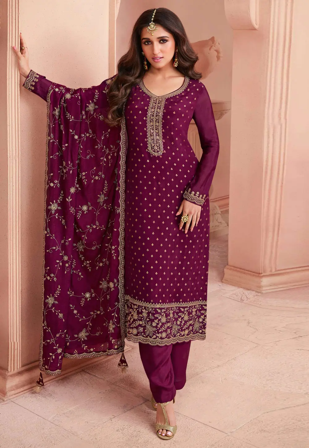 Magenta Jacquard Silk Pakistani Suit 301270