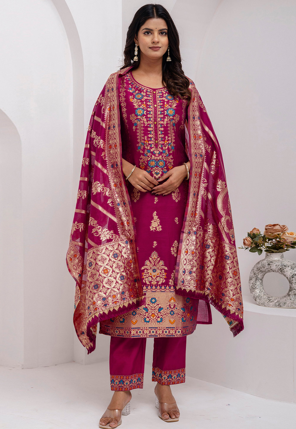 Magenta Jacquard Silk Readymade Pakistani Suit 308710