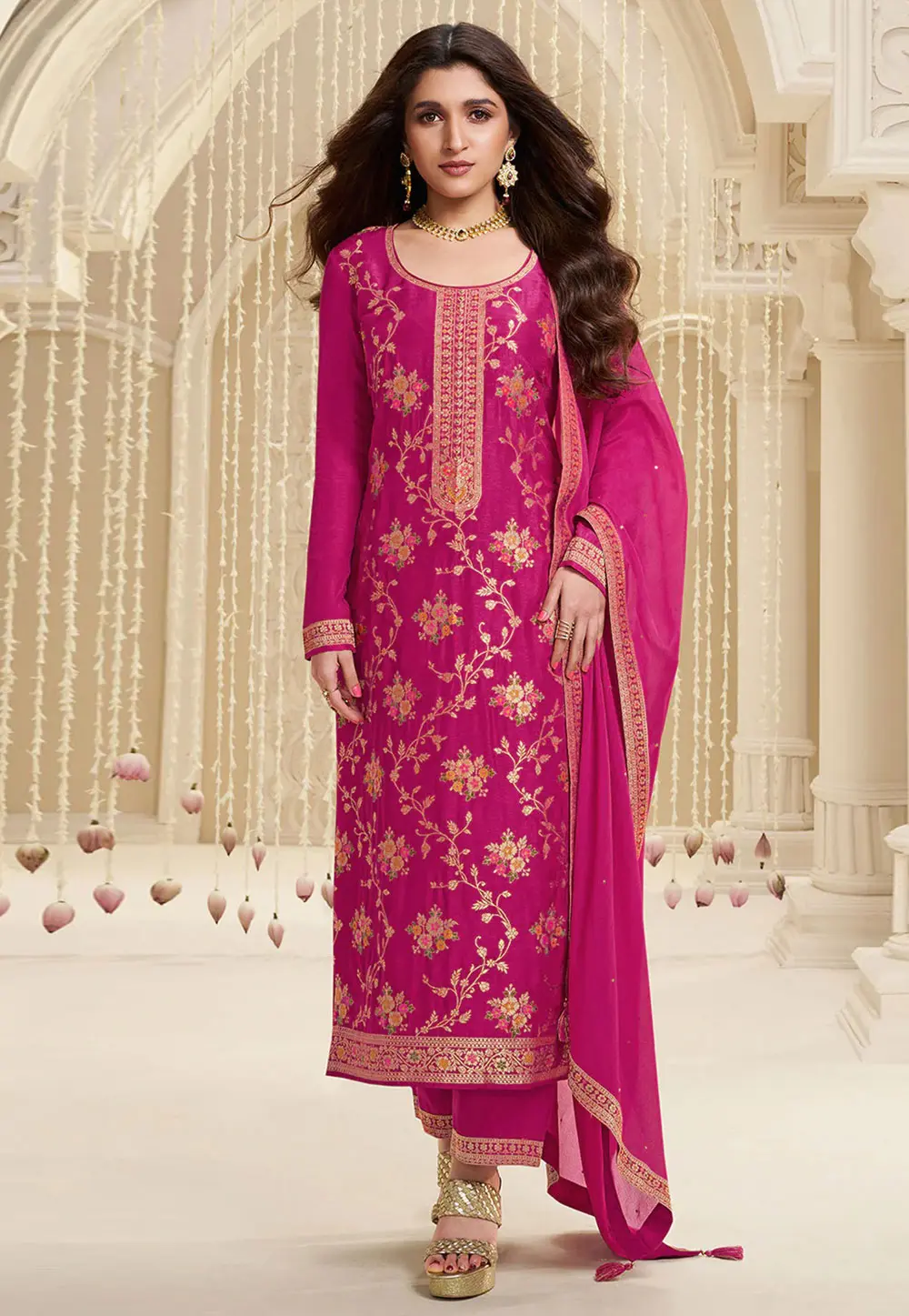 Magenta Jacquard Straight Suit 301444