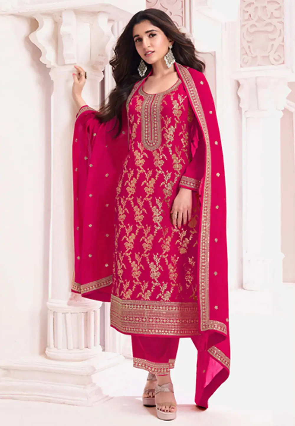 Magenta Jacquard Straight Suit 298632