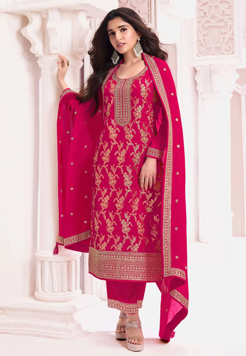 Magenta Jacquard Straight Suit 298632